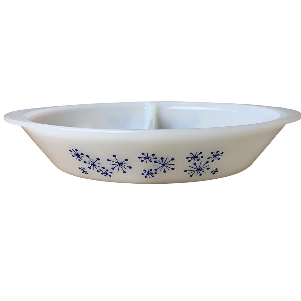 Vintage Glasbake Divided Serving Dish Rate Blue Atomic Starburst oval
